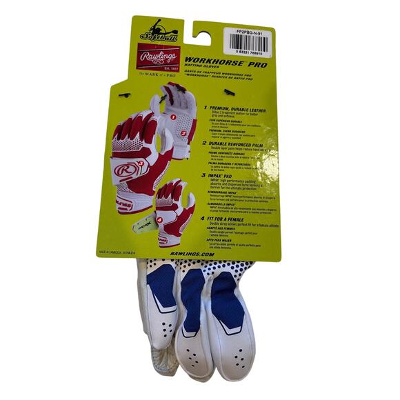 Adult Rawlings Workhorse Batting Gloves Womans Size XL White Blue Softball - Picture 2 of 5